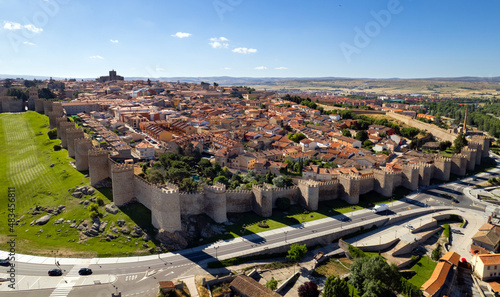 Drone point of view Avila cityscape rooftops. Spain photo