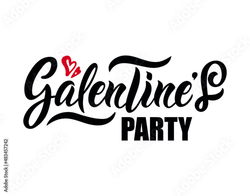 Galentine’s Party handwritten text and two ted hearts, modern brush ink calligraphy, hand lettering isolated on white background. Vector illustration 