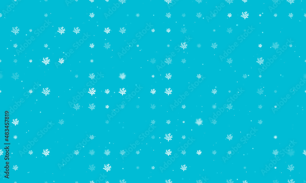 Seamless background pattern of evenly spaced white coral symbols of different sizes and opacity. Vector illustration on cyan background with stars