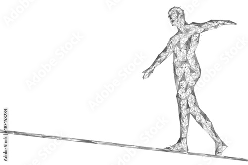 Fototapeta Naklejka Na Ścianę i Meble -  A man walks on a tight rope. Low-poly design of interconnected lines and dots.