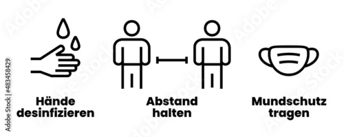 AHA (Abstand, Hygiene, Altagsmaske) Regeln – Coronavirus Regeln Hygiene Schild Deutsch (Vektor Illustration)
Hände desinfizieren, Abstand halten, Maske tragen