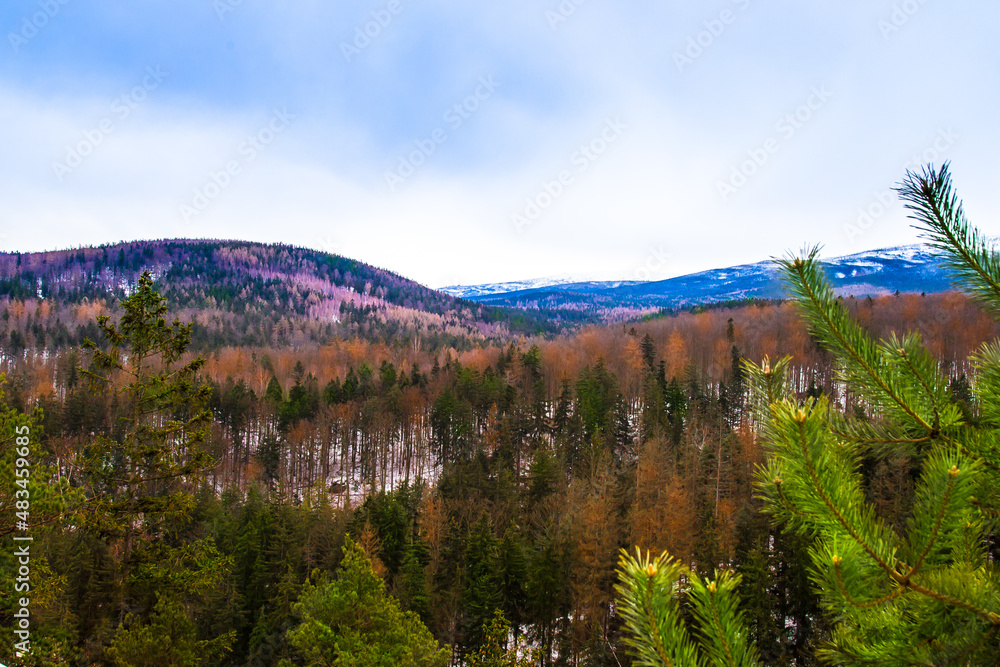 Autumn view to the Krkonose mountains from turistiv point named Golden View.