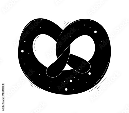 Salty Bavarian pretzel. Vector illustration in cartoon style in black and white. Doodle on a white isolated background