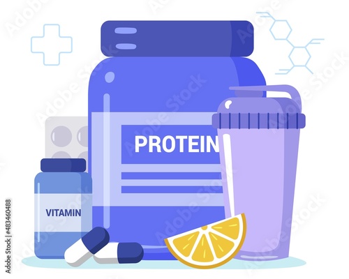Sports nutrition Anabolic steroids Doping test Protein cocktail Nutrition help replenish body vitamin supply Healthy food diet vector concept metaphor Illustration Food supplements and vitamins