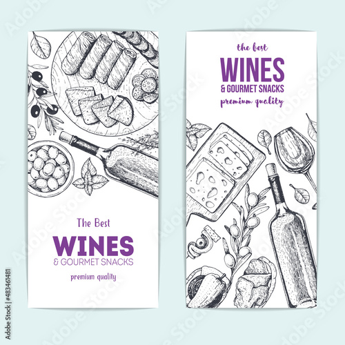 Wines and gourmet snacks banner collection. Gourmet food set vector illustration. Local wines and gourmet snacks shop design template, flyers set.