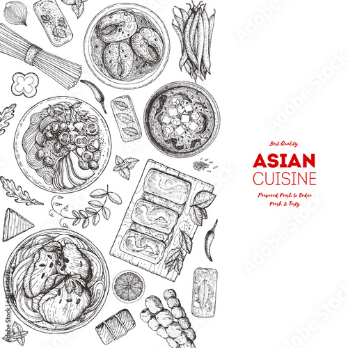 Chinese Food menu design template, engraved elements. Asian cuisine sketch collection. Hand drawn vector illustration. Asian food doodle sketch vector illustration. Vintage design.