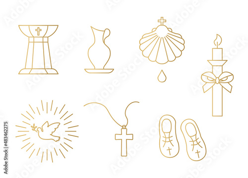 Fotografija golden set of baptism related icons: font, pitcher, shell, candle, holy spirit,