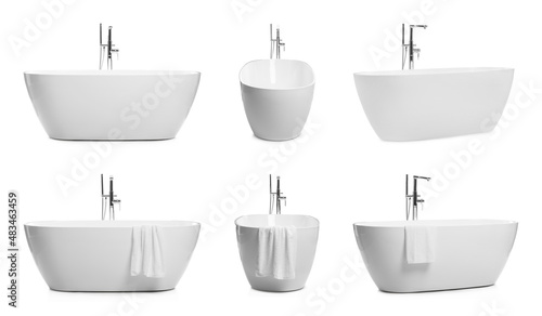 Fotografia Set with stylish ceramic bathtubs on white background