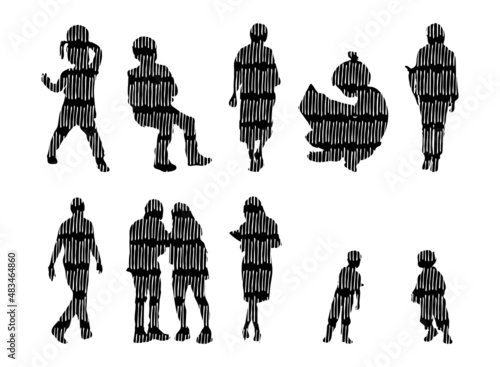 Vector silhouettes, Outline silhouettes of people, Contour drawing, people silhouette, Icon Set Isolated, Silhouette of sitting people, Architectural set	
