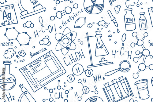 Medical or chemistry symbols doodle seamless pattern. Science subject cover template design. Education study concept. Back to school sketchy background for not pad, text book. Hand drawn illustration.