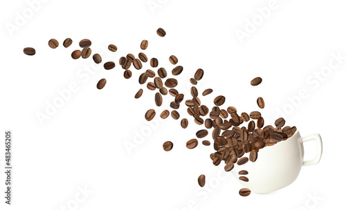 Cup and aromatic roasted coffee beans flying on white background