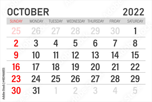 October 2022 calendar icon. October 2022. Glider for October. Time planning.