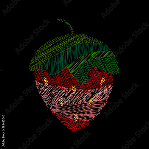 Strawberry icon, Embroidery hand made stitched style cartoon illustration, red pink green color palette. Black background. Vector