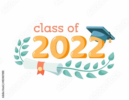 Class of 2022 with graduation cap. Template for high school or college party design, graduation invitation or banner. Vector illustration in flat style