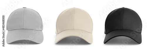 Fototapeta Set with different baseball caps on white background