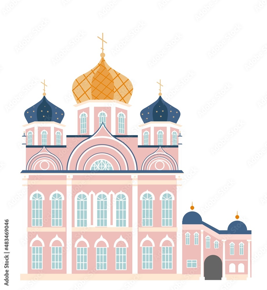 Isolate illustration of Orthodox Church. Russian Cathedral. Flat style. Vector illustration