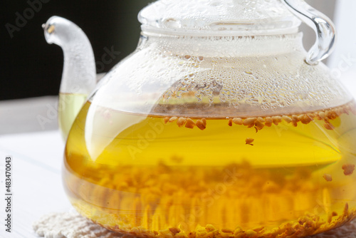 
Buckwheat (soba) tea Japanese drink in a glass teapot