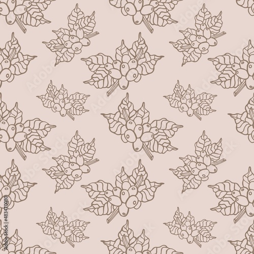 Seamless pattern of hand drawn coffee branch and flowers, for wrapping paper, wallpaper, fabric pattern, bacdrop, print, gift wrap, cover of notebook, envelope. Vector illustration