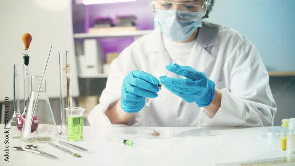 Medical scientist inspecting minced meat, wearing protective unform, working in laboratory. Food research, genetic Modifications of Product. Microbiologist analyzing lab-grown pieces of meat. Medical scientist inspecting minced meat, wearing protective unform, working in laboratory. Food research, genetic Modifications of Product. Microbiologist analyzing lab-grown pieces of meat.