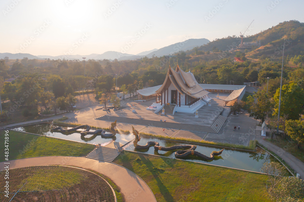 Fototapeta premium Aerial top view of Watdhammayan, Phetchabun City, Thailand. Thai buddhist temple architecture. Tourist attraction landmark.