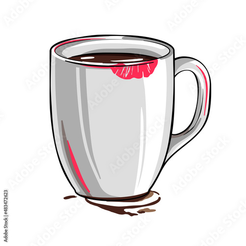 Cup of coffee with a lipstick imprint on it, vector drawing