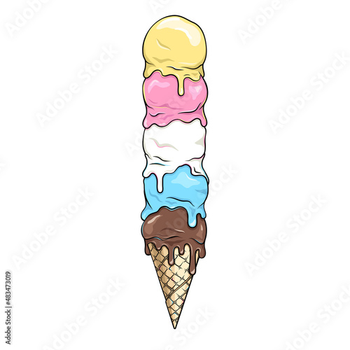 Many melting ice cream balls in a waffle cone, vector drawing