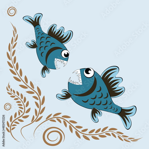 predatory evil piranha fish. Fabulous underwater world. Styling, cartoon style