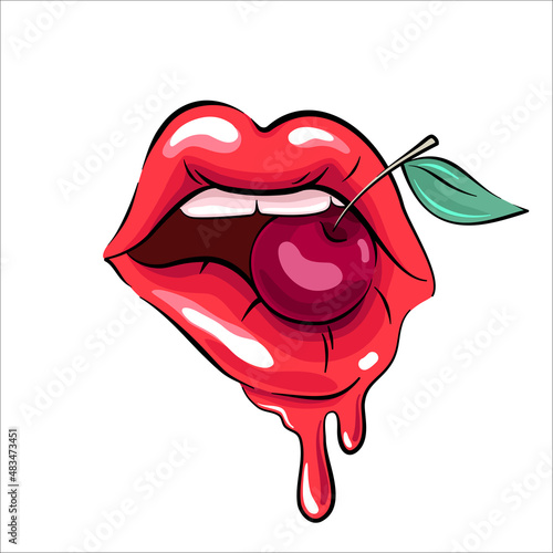 Woman lips with a cherry, vector drawing