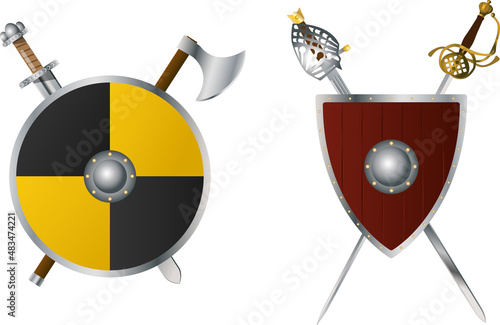 Viking sword, ax and shield, renaissance shield and two rapier, vector illustration