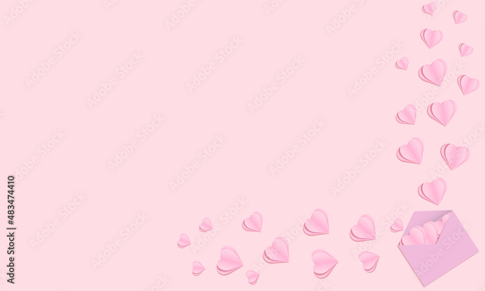 Frame of hearts flying out of the envelope. Part of a frame made from hearts in an envelope. Hearts and an envelope in paper cut style. Pink and purple color. A simple composition for Valentine's Day. Frame of hearts flying out of the envelope. Part of a frame made from hearts in an envelope. Hearts and an envelope in paper cut style. Pink and purple color. A simple composition for Valentine's Day.
