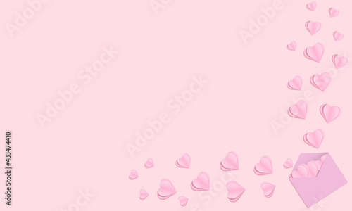 Frame of hearts flying out of the envelope. Part of a frame made from hearts in an envelope. Hearts and an envelope in paper cut style. Pink and purple color. A simple composition for Valentine's Day. © Анастасия Гудантова
