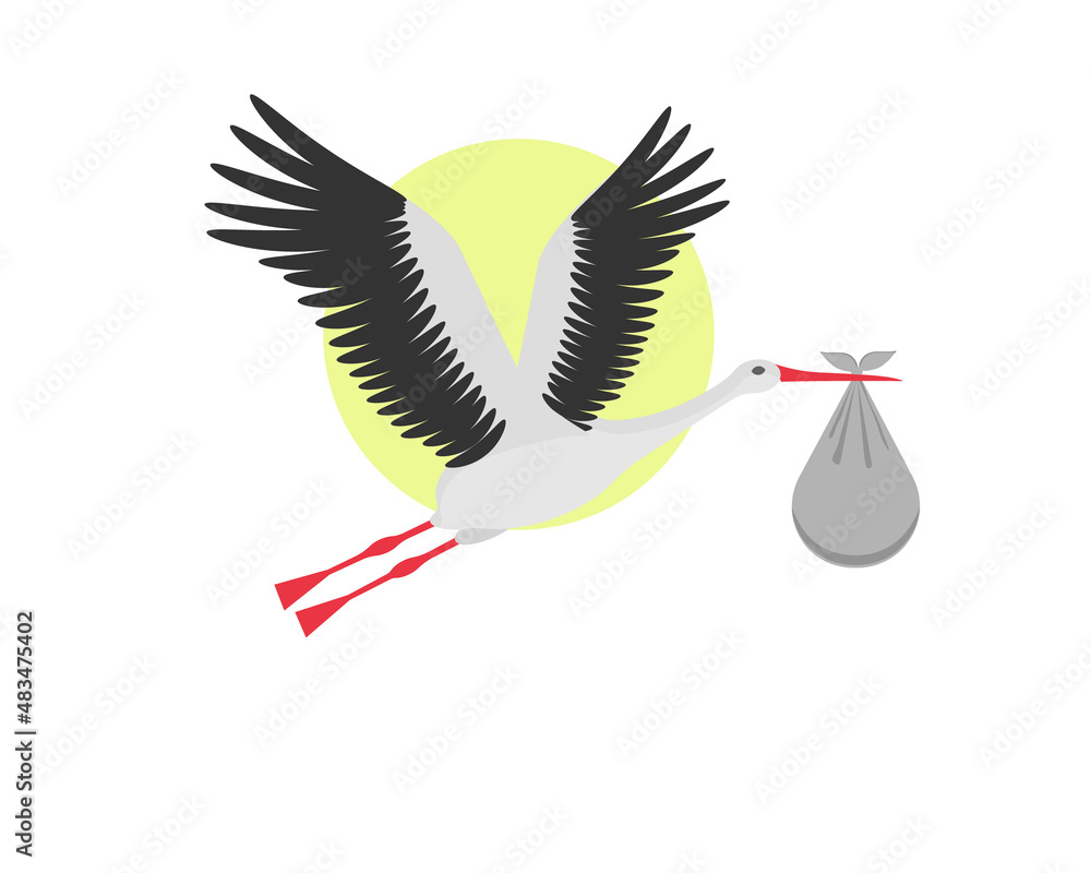 Vector illustration of stork flying with a baby in the sky. Flat style