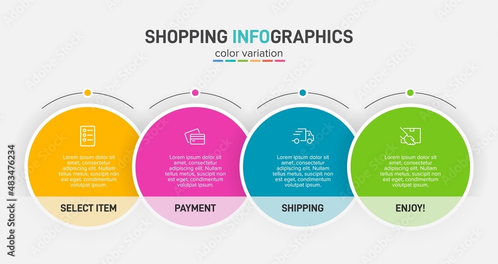 Concept of shopping process with 4 successive steps. Four colorful graphic elements. Timeline design for brochure, presentation, web site. Infographic design layout. Concept of shopping process with 4 successive steps. Four colorful graphic elements. Timeline design for brochure, presentation, web site. Infographic design layout.