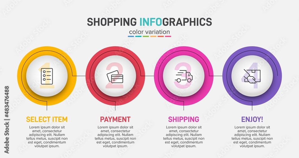 Concept of shopping process with 4 successive steps. Four colorful graphic elements. Timeline design for brochure, presentation, web site. Infographic design layout. Concept of shopping process with 4 successive steps. Four colorful graphic elements. Timeline design for brochure, presentation, web site. Infographic design layout.