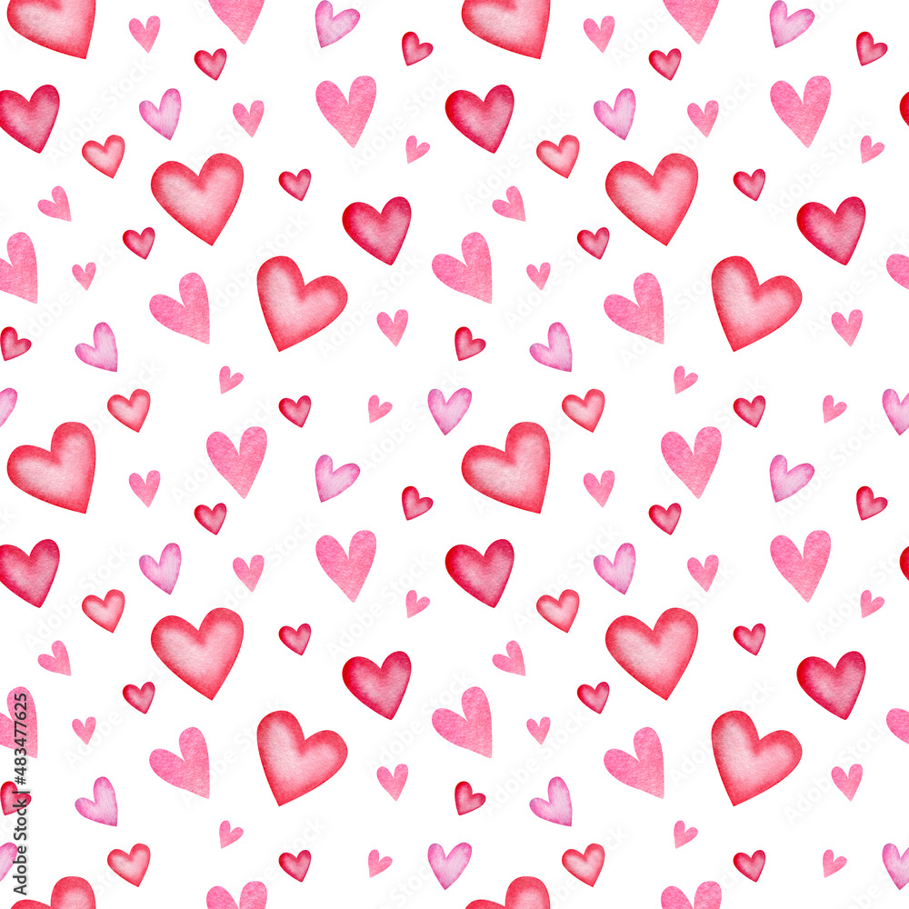 Watercolor hand drawn seamless valentine’s day pattern. Pink hearts on white background. 
