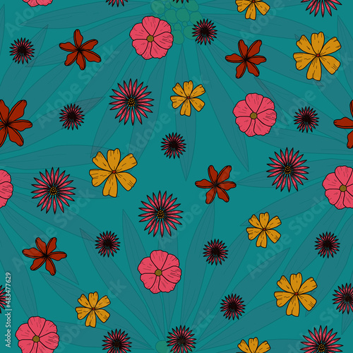 Retro Flowers, Joyful Blue Pattern