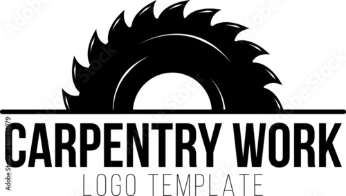 Logo for carpenters or joiners. Saw with gear wheel and text.