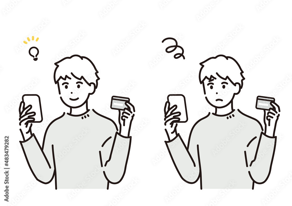 スマートフォンでカードの利用明細を確認する男性のイラスト素材セット