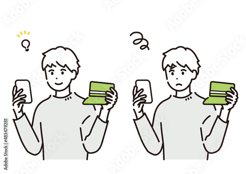 スマートフォンの画面と通帳を見比べる男性のイラスト素材セット
