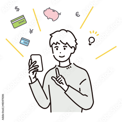 スマートフォンでお金の管理をする男性のイラスト素材