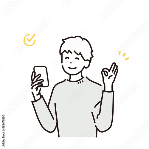 スマートフォンを持ってOKサインをする男性のイラスト素材