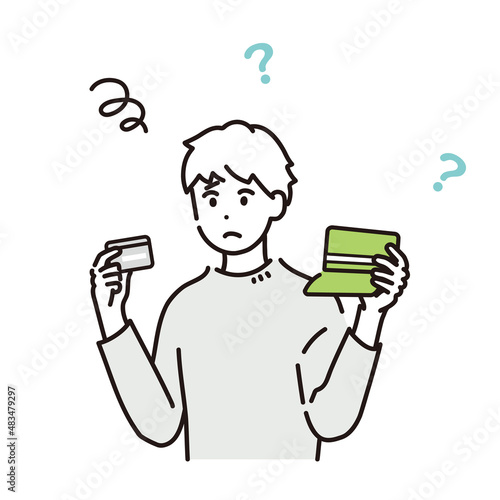 カードと通帳を見比べて悩む男性のイラスト素材