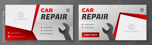 Car mechanic service banner template set, vehicle repair advertisement, automotive business ad, mechanical tools flyer, card, isolated