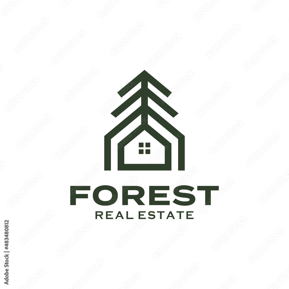 Pine tree home spruce evergreen forest line outline logo design Premium