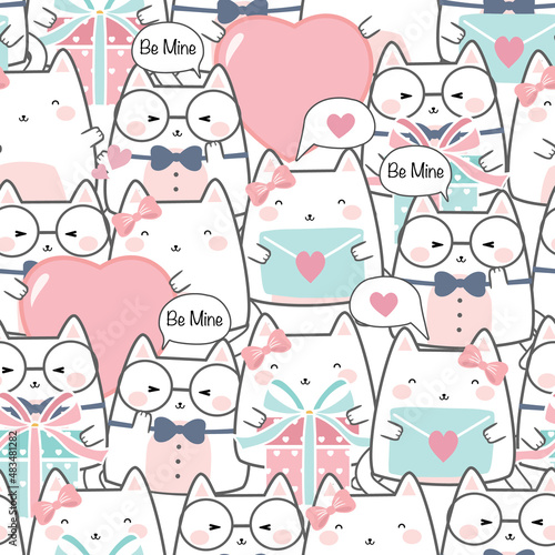 Seamless Kawaii Cute Cats Fallin’ in Love, Cartoon Animals Pattern design for scrapbooking, decoration, cards, paper goods, background, wallpaper, wrapping, fabric and all your creative projects