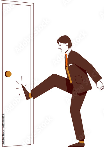 The businessman kicks the closed door. Closed opportunity vector concept.