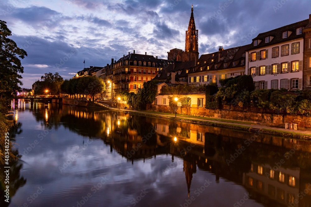 Nightview of downtown Strasbourg with cathedral