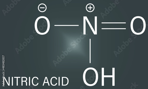 Nitric acid or HNO3 strong mineral acid molecule. Used in production of fertilizer and explosives. Skeletal formula. photo