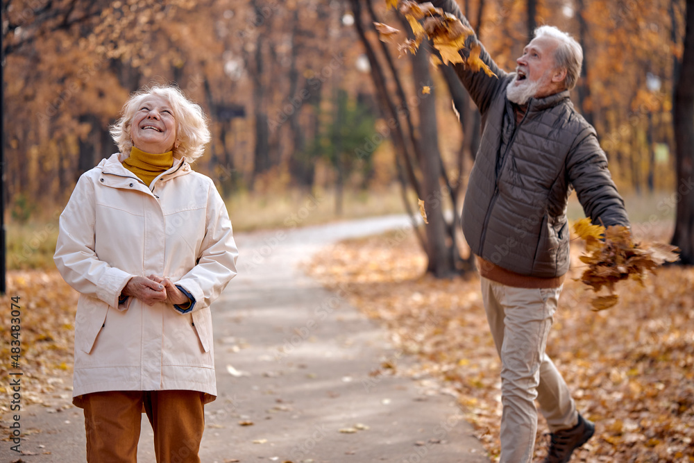 Fototapeta premium Fall season. Family mature couple throwing leaves in autumn forest, having fun outdoors enjoying nature. Elderly Mature Married man and woman in coats spend time together. leisure, lifestyle concept