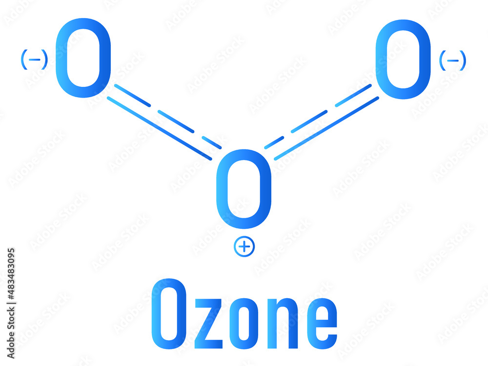 Ozone or trioxygen, O3 molecule, chemical structure. Skeletal formula.